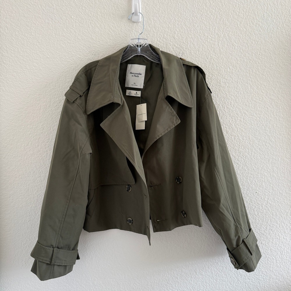 Abercrombie & Fitch Cropped Trench Coat Olive Green XL Water Resistant NWT